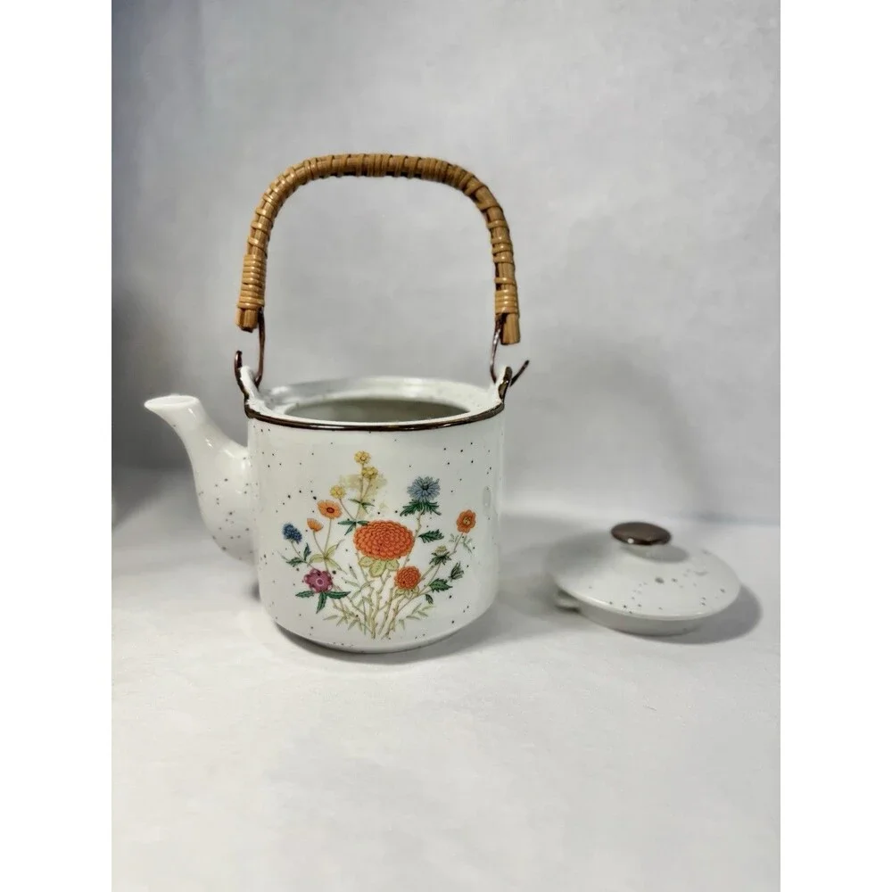 Vintage Speckled Ceramic Teapot Bamboo Handle Hand Painted Flowers Japan